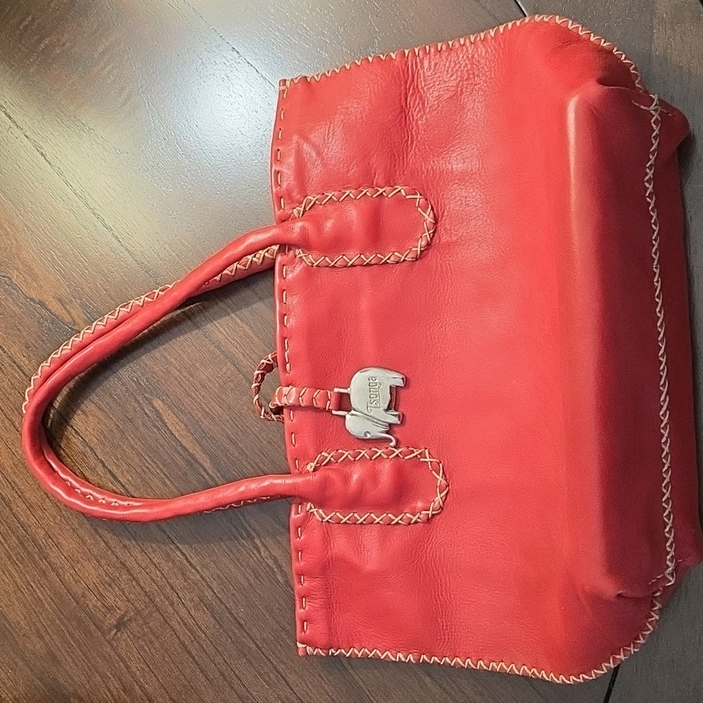 Tsonga AZETHA LADIES LEATHER SHOPPER HANDBAG in Red Whipstitch Elephant Charm